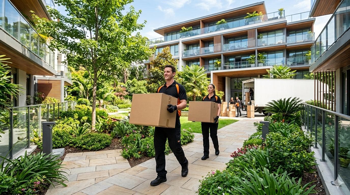 Local House Movers crew carrying boxes into a Brisbane apartment